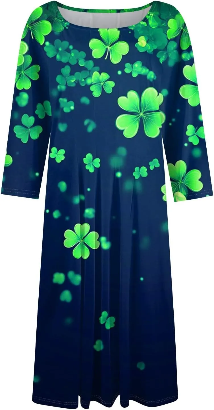 Womens Formal St Patricks Midi Dress,Trendy 3/4 Sleeve Shamrock Elegant Smocked Flowy Casual Plus Size A Line Dress