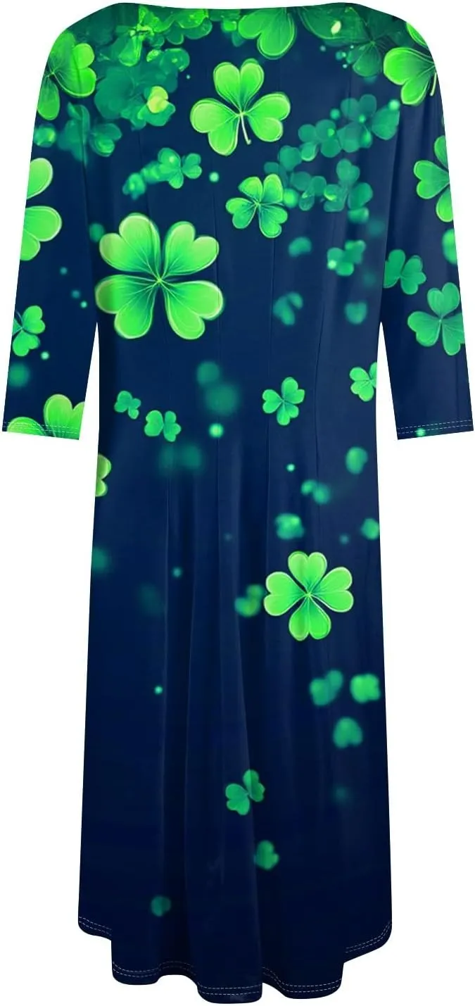 Womens Formal St Patricks Midi Dress,Trendy 3/4 Sleeve Shamrock Elegant Smocked Flowy Casual Plus Size A Line Dress