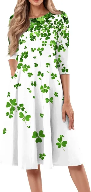 Womens Formal St Patricks Midi Dress,Trendy 3/4 Sleeve Shamrock Elegant Smocked Flowy Casual Plus Size A Line Dress