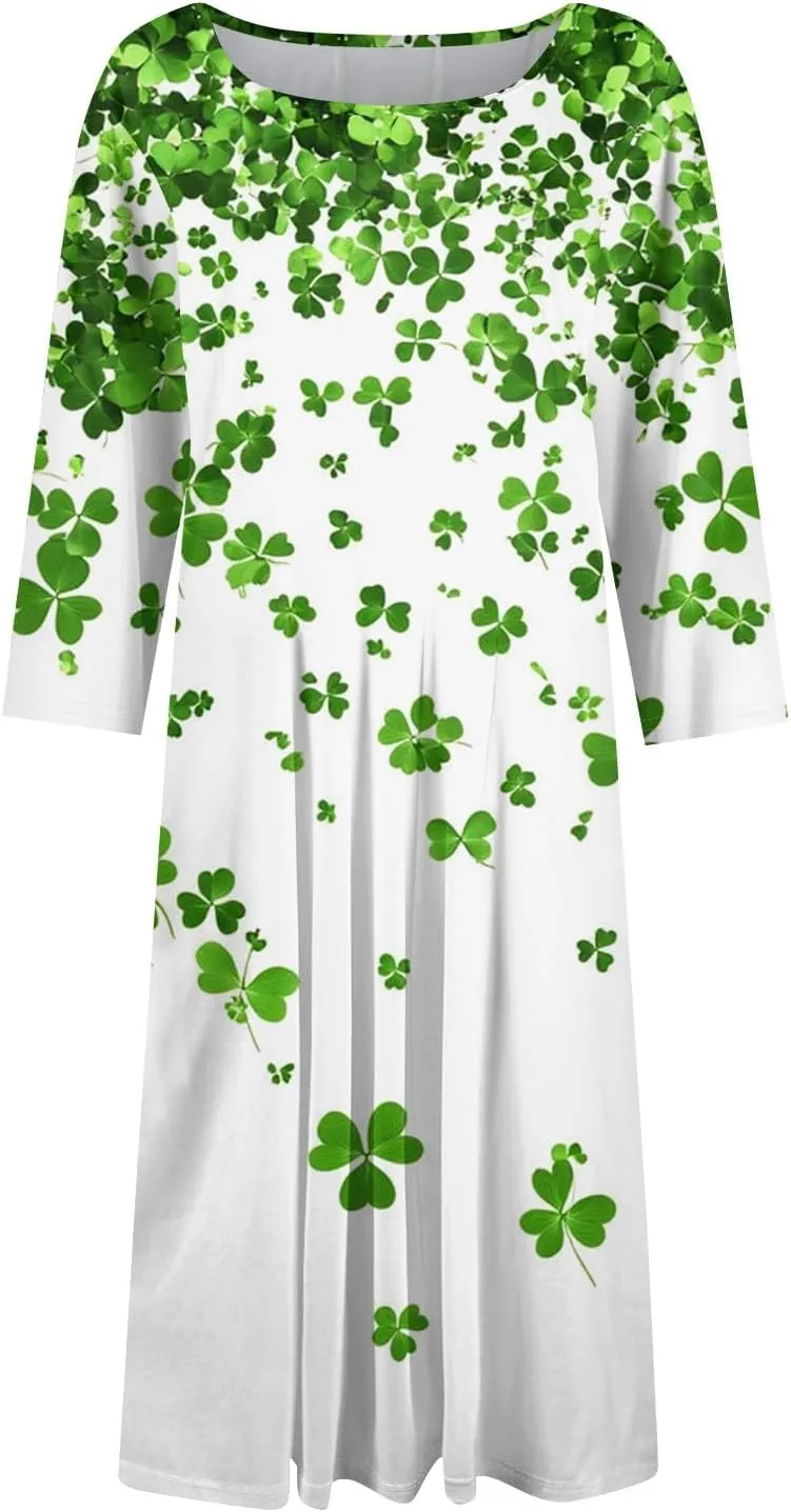 Womens Formal St Patricks Midi Dress,Trendy 3/4 Sleeve Shamrock Elegant Smocked Flowy Casual Plus Size A Line Dress