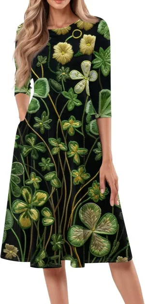 Womens Formal St Patricks Midi Dress,Trendy 3/4 Sleeve Shamrock Elegant Smocked Flowy Casual Plus Size A Line Dress