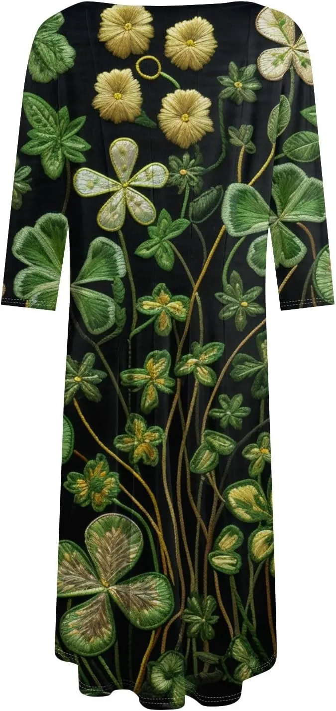 Womens Formal St Patricks Midi Dress,Trendy 3/4 Sleeve Shamrock Elegant Smocked Flowy Casual Plus Size A Line Dress