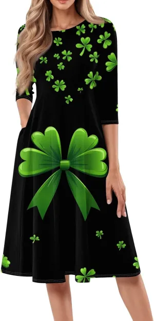 Womens Formal St Patricks Midi Dress,Trendy 3/4 Sleeve Shamrock Elegant Smocked Flowy Casual Plus Size A Line Dress