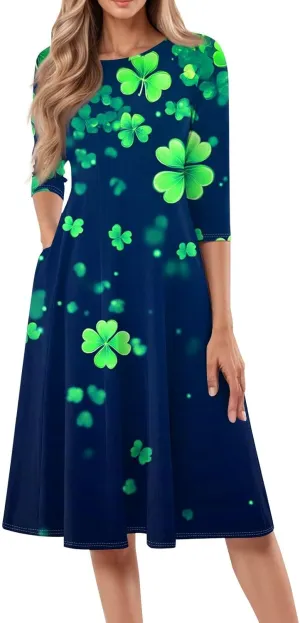 Womens Formal St Patricks Midi Dress,Trendy 3/4 Sleeve Shamrock Elegant Smocked Flowy Casual Plus Size A Line Dress