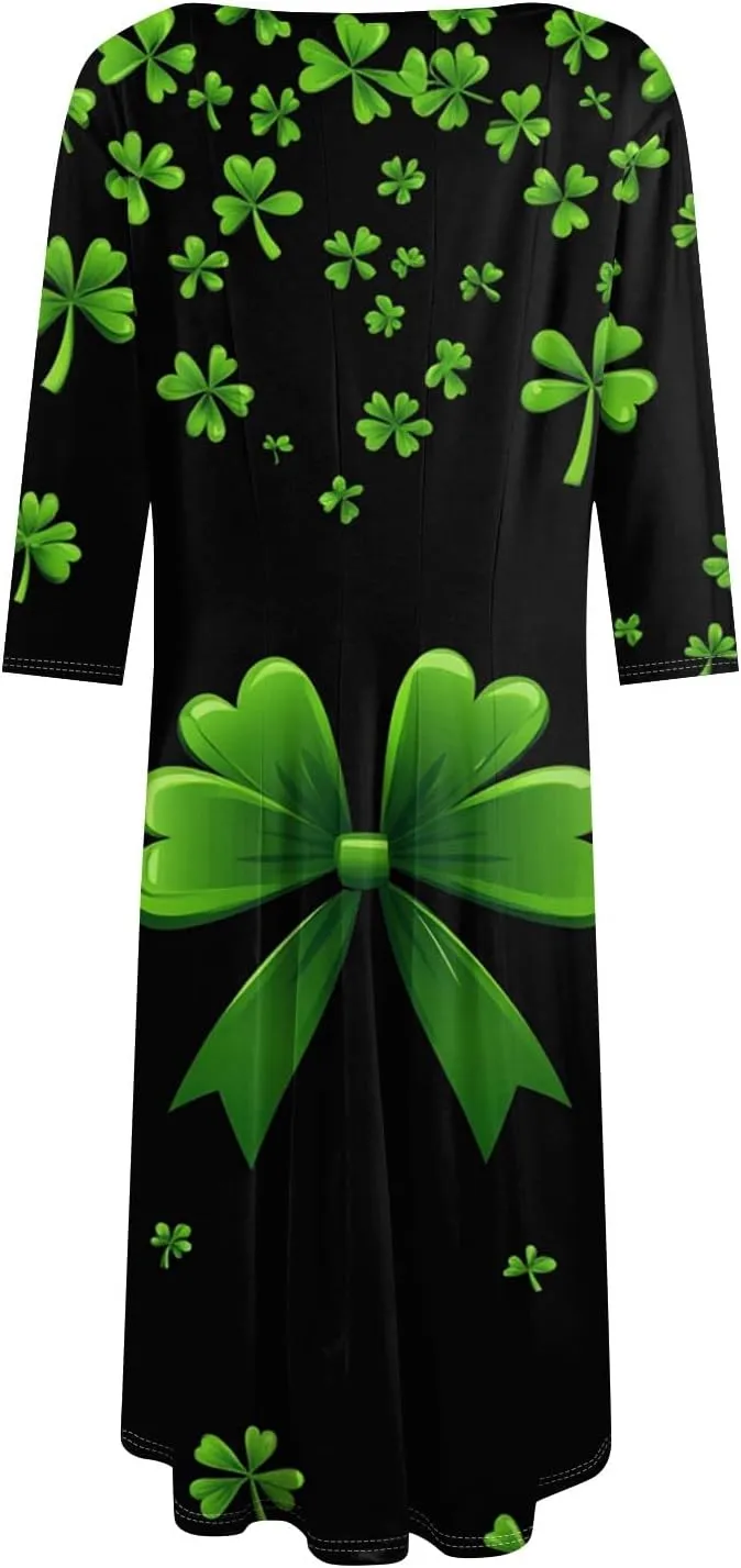 Womens Formal St Patricks Midi Dress,Trendy 3/4 Sleeve Shamrock Elegant Smocked Flowy Casual Plus Size A Line Dress
