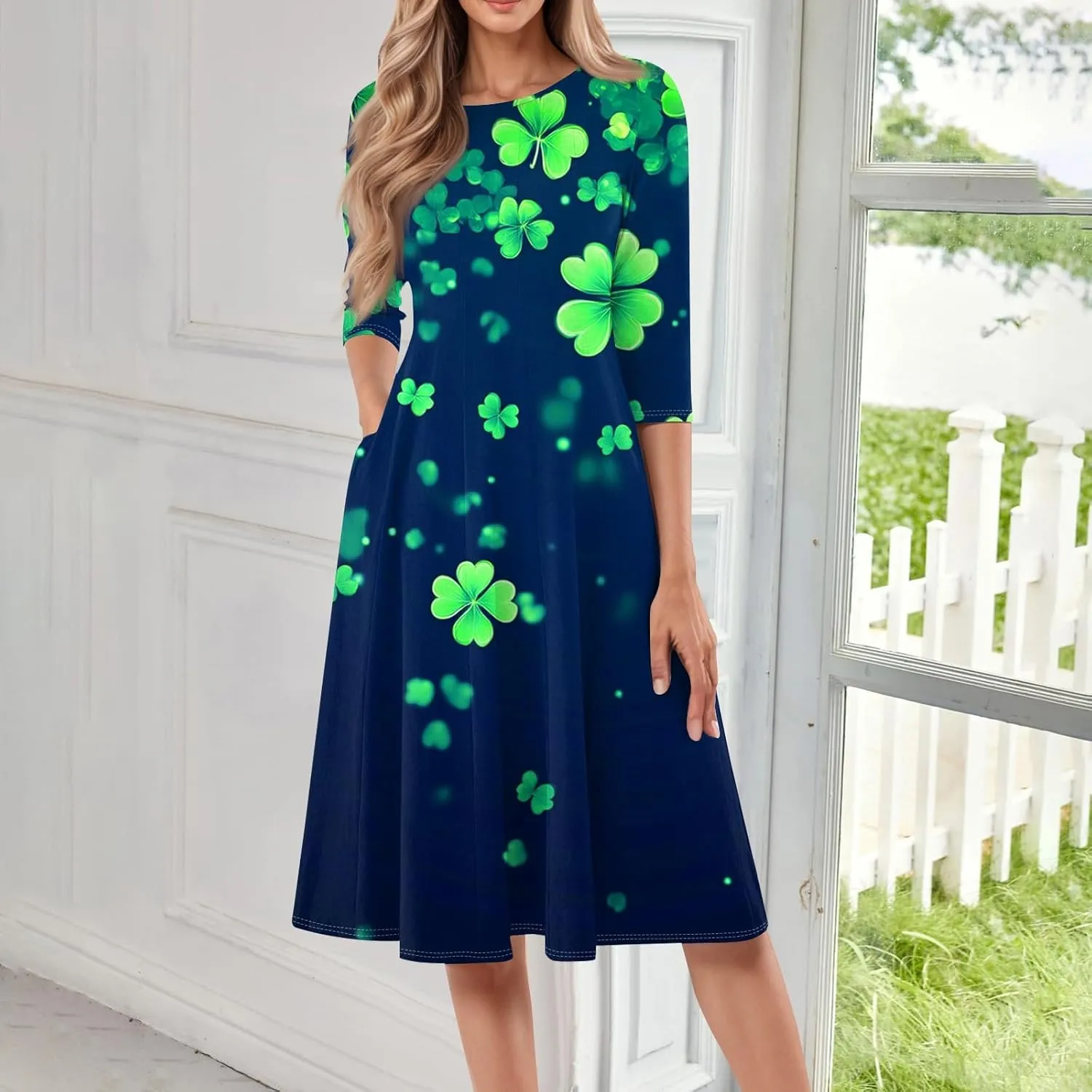 Womens Formal St Patricks Midi Dress,Trendy 3/4 Sleeve Shamrock Elegant Smocked Flowy Casual Plus Size A Line Dress