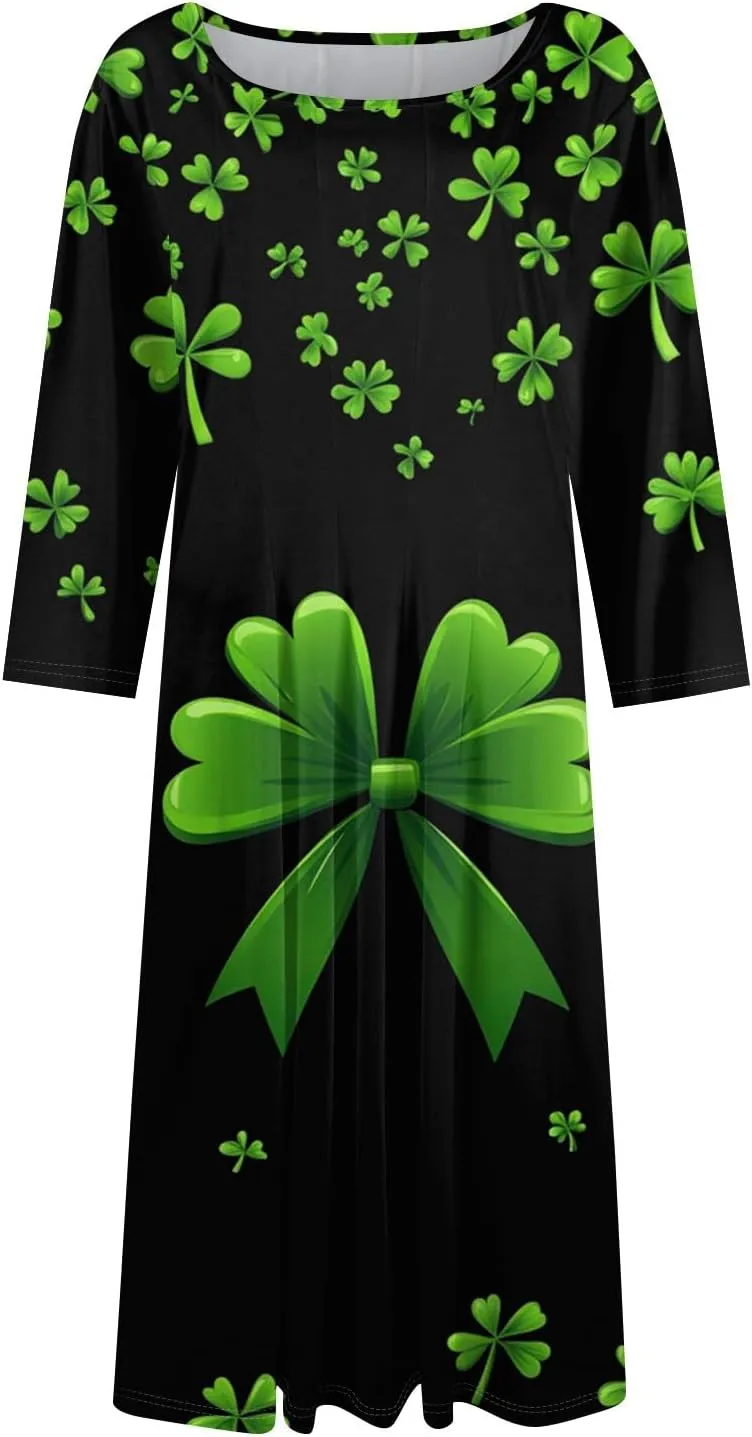 Womens Formal St Patricks Midi Dress,Trendy 3/4 Sleeve Shamrock Elegant Smocked Flowy Casual Plus Size A Line Dress