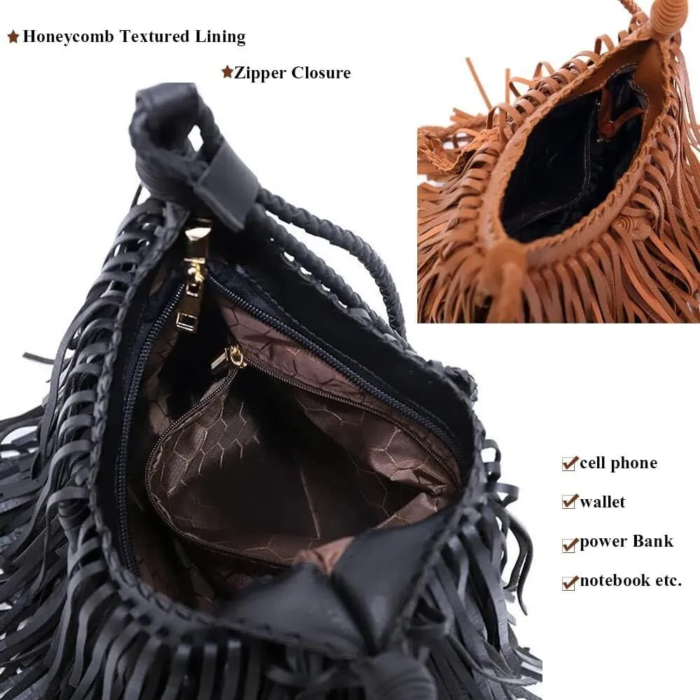 Womens Handbag Crossbody Fringe Purse Vintage Casual Bag Leather Shoulder Ladies Tassel Satchel Hobo Bags