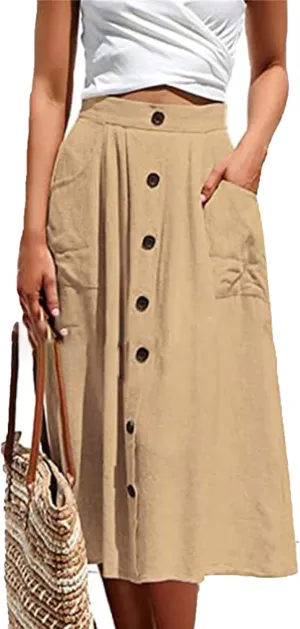 Women's High Waist Midi Skirt Vintage Elastic A-Line Pleated Button Front Skirts Casual Stretchy Skirts with Pockets