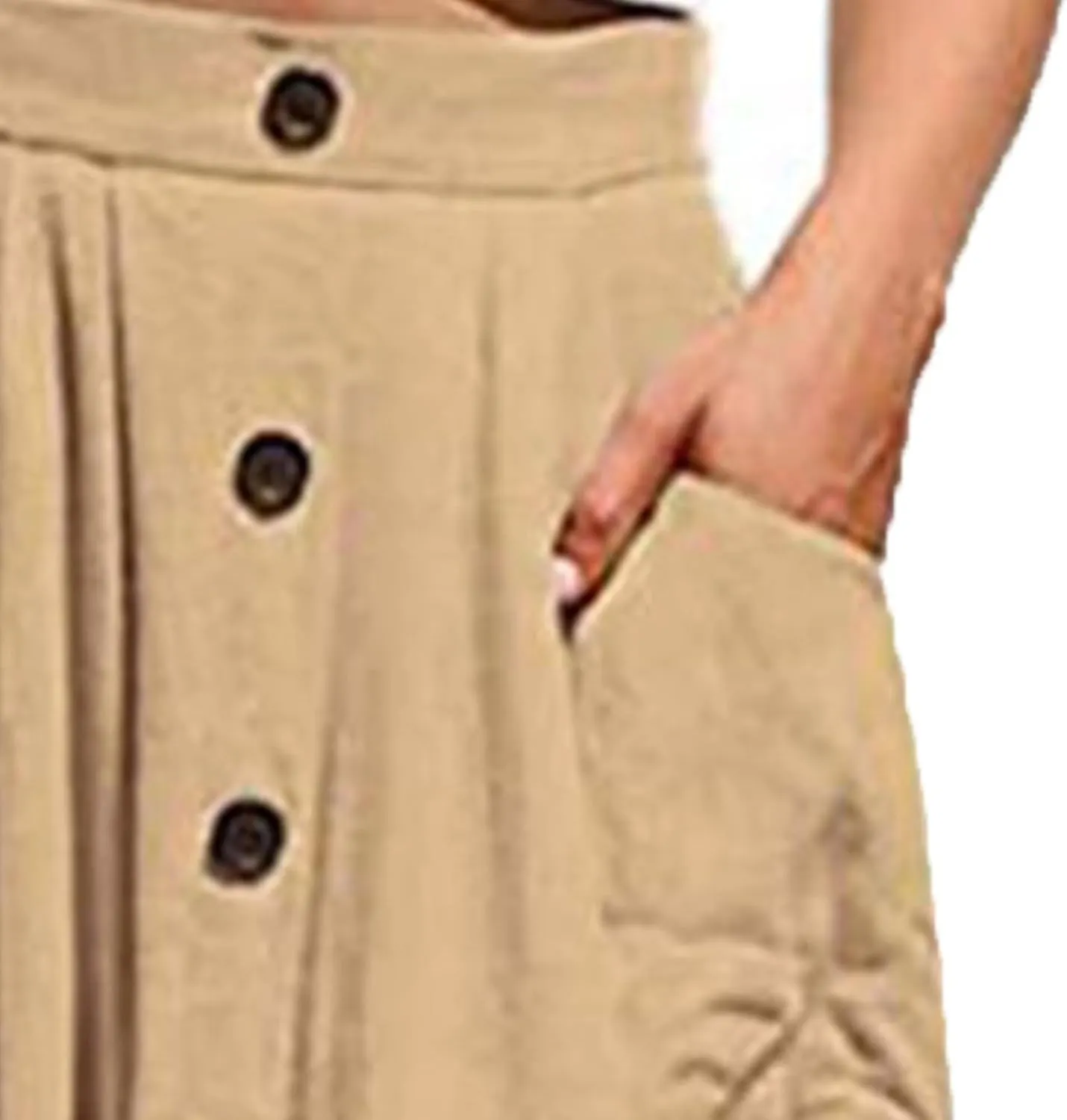 Women's High Waist Midi Skirt Vintage Elastic A-Line Pleated Button Front Skirts Casual Stretchy Skirts with Pockets
