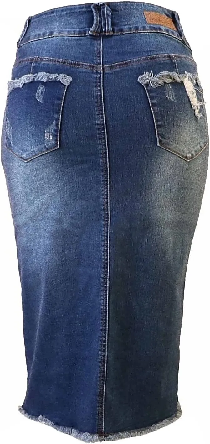 Womens Junior/Plus Size Below Knee Length Midi Pencil Ripped Denim Skirt