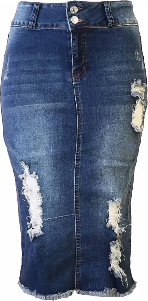 Womens Junior/Plus Size Below Knee Length Midi Pencil Ripped Denim Skirt