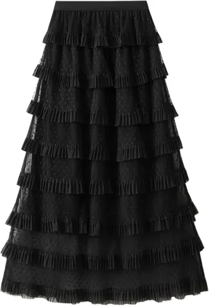Women's Layered Tulle Skirt High Waisted A Line Mesh Pleated Fluffy Fairy Midi Skirts