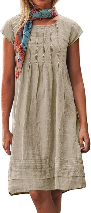 Womens Linen Dresses Trendy Plus Size Summer Short Sleeve Midi Dress Casual Elegant Smocked Flowy Knee Length Dress