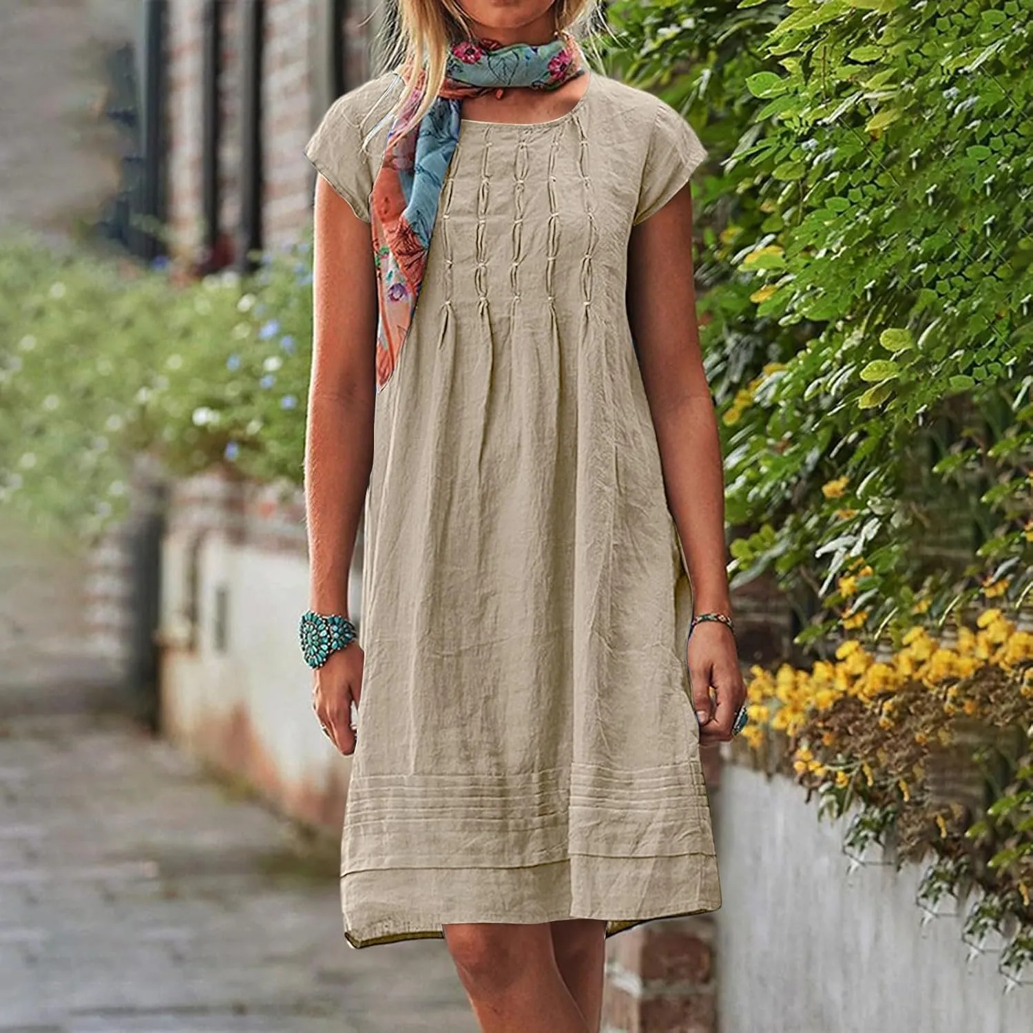 Womens Linen Dresses Trendy Plus Size Summer Short Sleeve Midi Dress Casual Elegant Smocked Flowy Knee Length Dress
