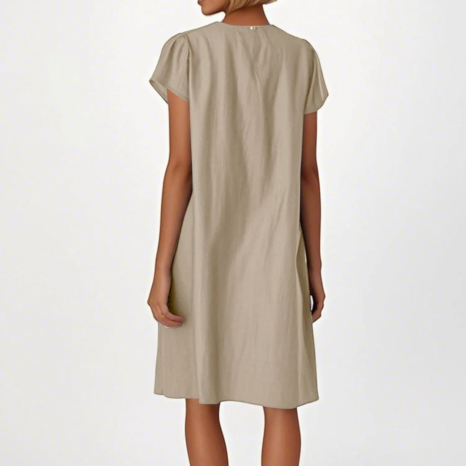 Womens Linen Dresses Trendy Plus Size Summer Short Sleeve Midi Dress Casual Elegant Smocked Flowy Knee Length Dress