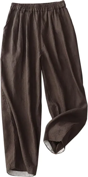 Women's Linen Pants Elastic Wasit Straight Leg Trousers Casual Loose Fit Cropped Pants Ladies Summer Clothes Outfits
