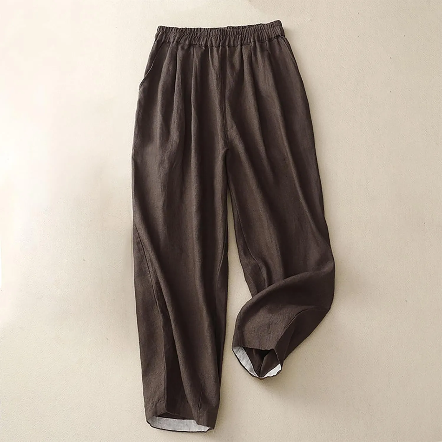 Women's Linen Pants Elastic Wasit Straight Leg Trousers Casual Loose Fit Cropped Pants Ladies Summer Clothes Outfits