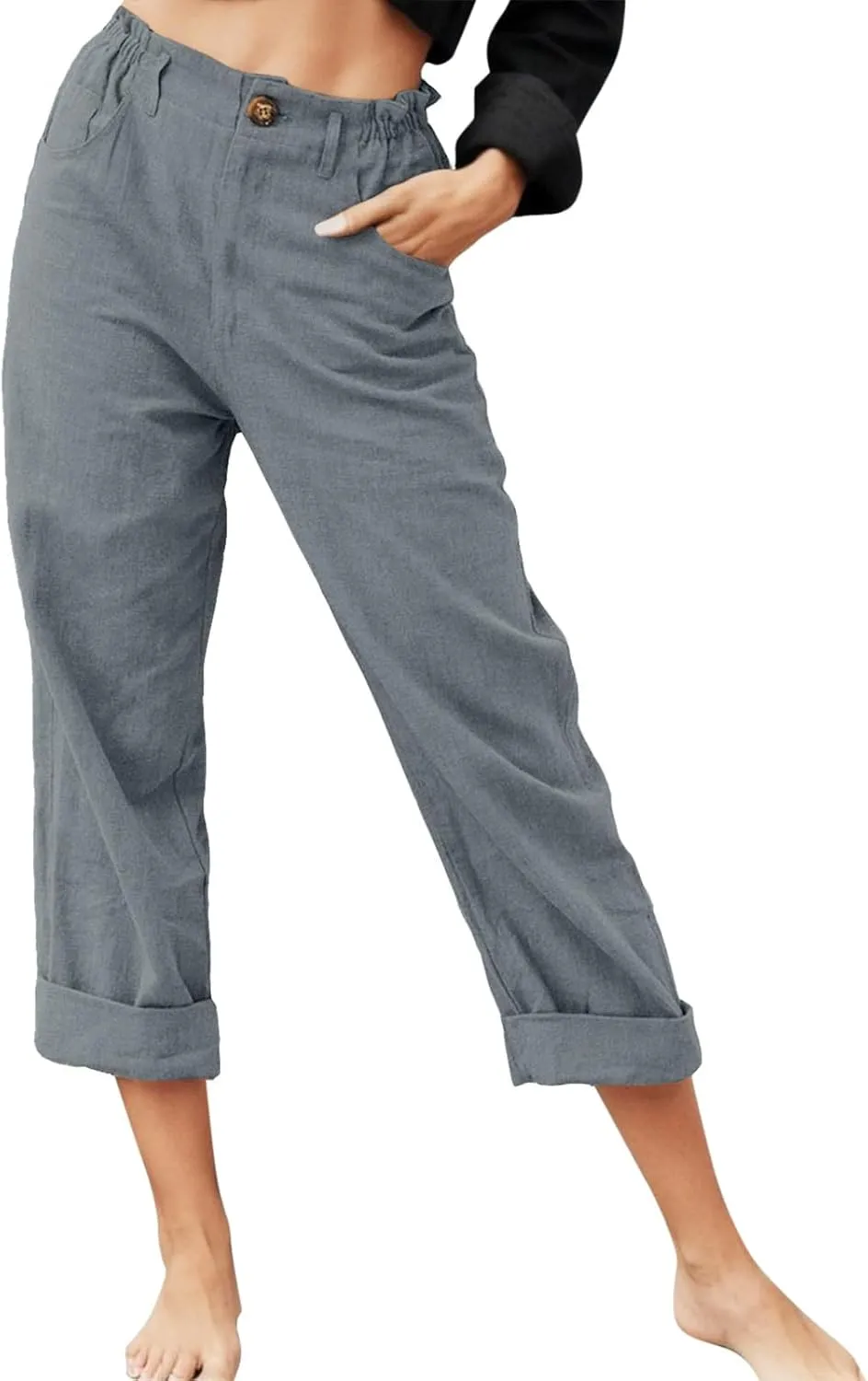 Womens Linen Pants Summer Casual Palazzo Straight Pants for Women Drawstring Botton Down Long Trousers Comfy Linen Pants, Large, #C4-dark Gray