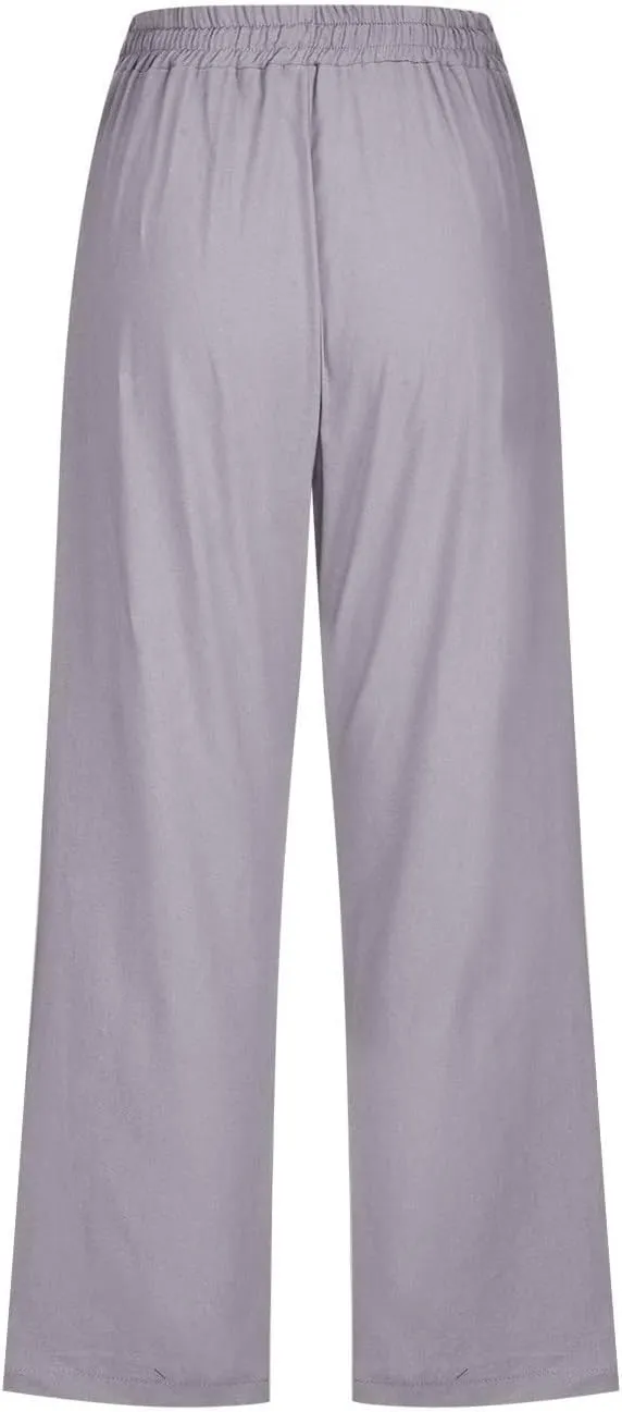 Womens Linen Pants,Summer Capri Pants High Waisted Wide Leg Drawstring Solid Casual Loose Trousers with Pockets