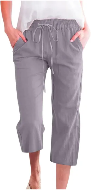 Womens Linen Pants,Summer Capri Pants High Waisted Wide Leg Drawstring Solid Casual Loose Trousers with Pockets