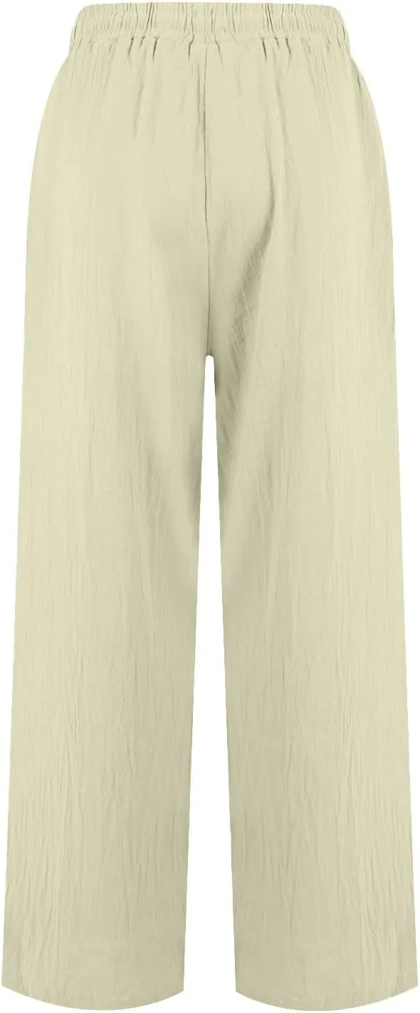 Womens Linen Wide Leg Pants Drawstring High Waist Casual Loose Trousers Summer Palazzo Beach Pants with Pockets