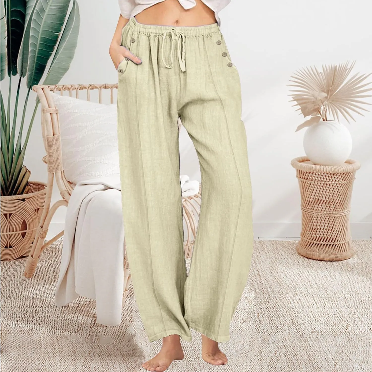 Womens Linen Wide Leg Pants Drawstring High Waist Casual Loose Trousers Summer Palazzo Beach Pants with Pockets