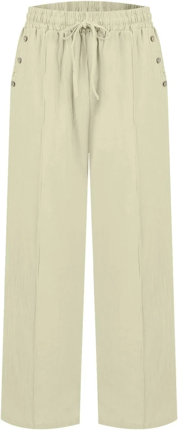 Womens Linen Wide Leg Pants Drawstring High Waist Casual Loose Trousers Summer Palazzo Beach Pants with Pockets