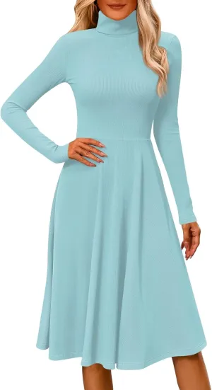 Womens Long Sleeve Turtleneck Sweater Dress Elegant Formal Flowy A Line Midi Dress Trendy Plus Size Cute Knit Dress