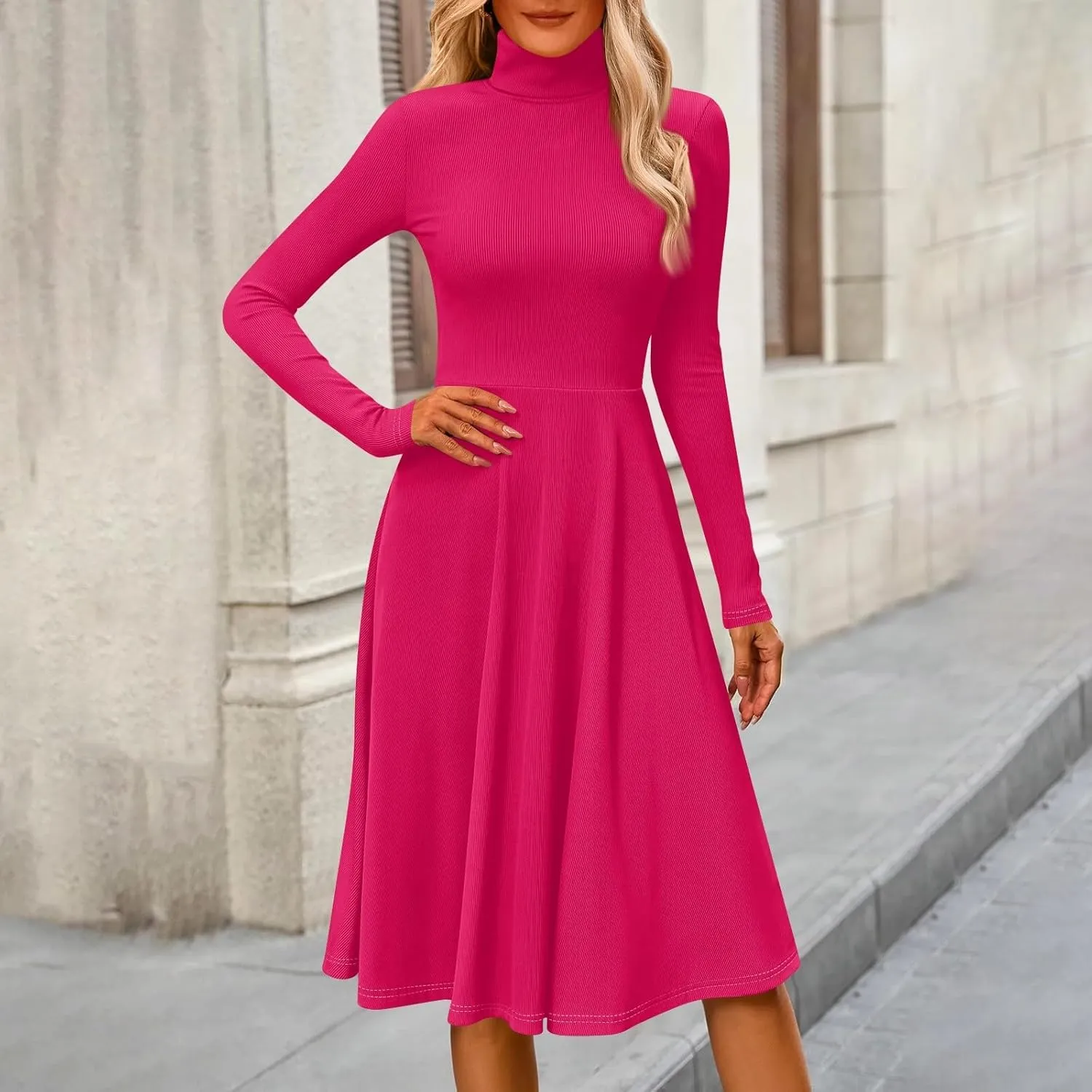 Womens Long Sleeve Turtleneck Sweater Dress Elegant Formal Flowy A Line Midi Dress Trendy Plus Size Cute Knit Dress