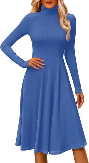 Womens Long Sleeve Turtleneck Sweater Dress Elegant Formal Flowy A Line Midi Dress Trendy Plus Size Cute Knit Dress