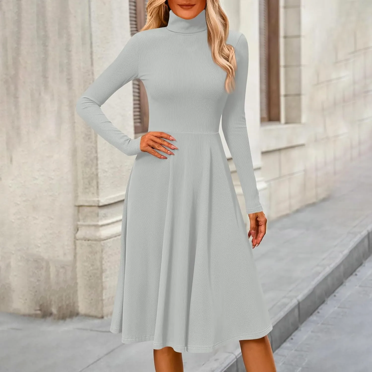 Womens Long Sleeve Turtleneck Sweater Dress Elegant Formal Flowy A Line Midi Dress Trendy Plus Size Cute Knit Dress