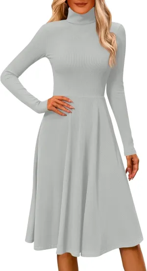 Womens Long Sleeve Turtleneck Sweater Dress Elegant Formal Flowy A Line Midi Dress Trendy Plus Size Cute Knit Dress