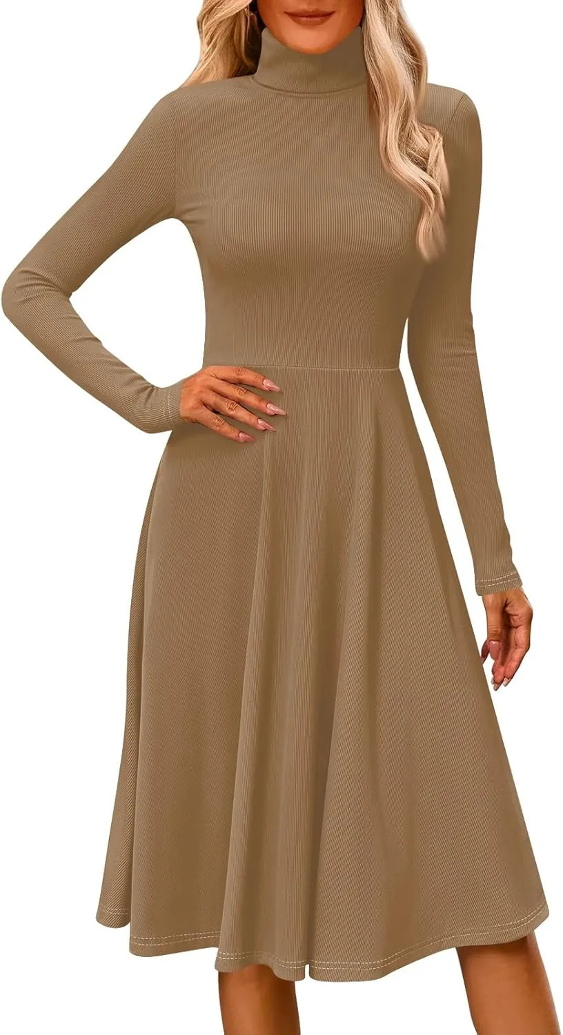Womens Long Sleeve Turtleneck Sweater Dress Elegant Formal Flowy A Line Midi Dress Trendy Plus Size Cute Knit Dress