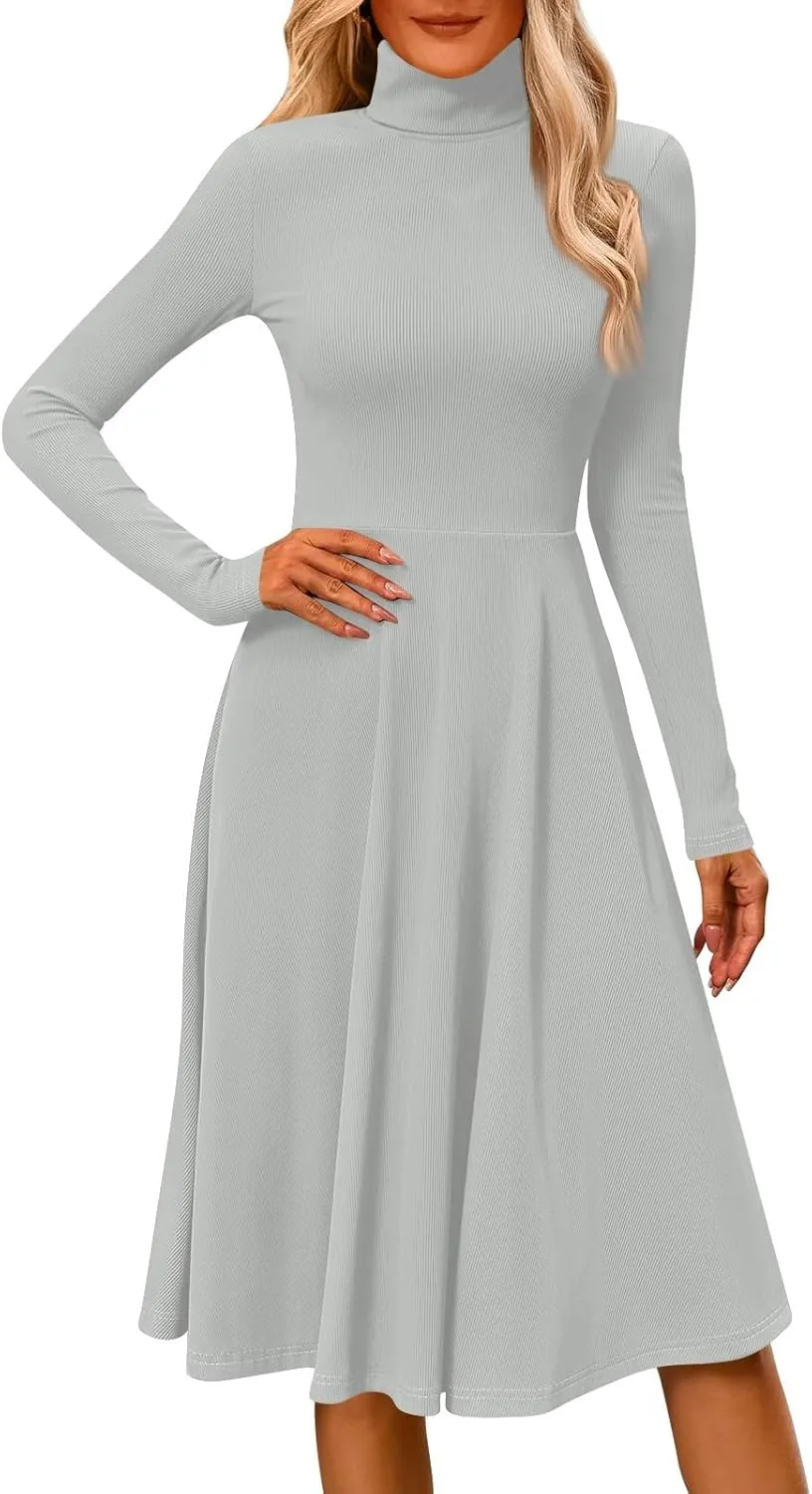 Womens Long Sleeve Turtleneck Sweater Dress Elegant Formal Flowy A Line Midi Dress Trendy Plus Size Cute Knit Dress