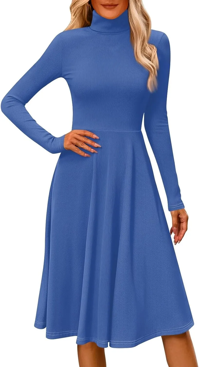 Womens Long Sleeve Turtleneck Sweater Dress Elegant Formal Flowy A Line Midi Dress Trendy Plus Size Cute Knit Dress