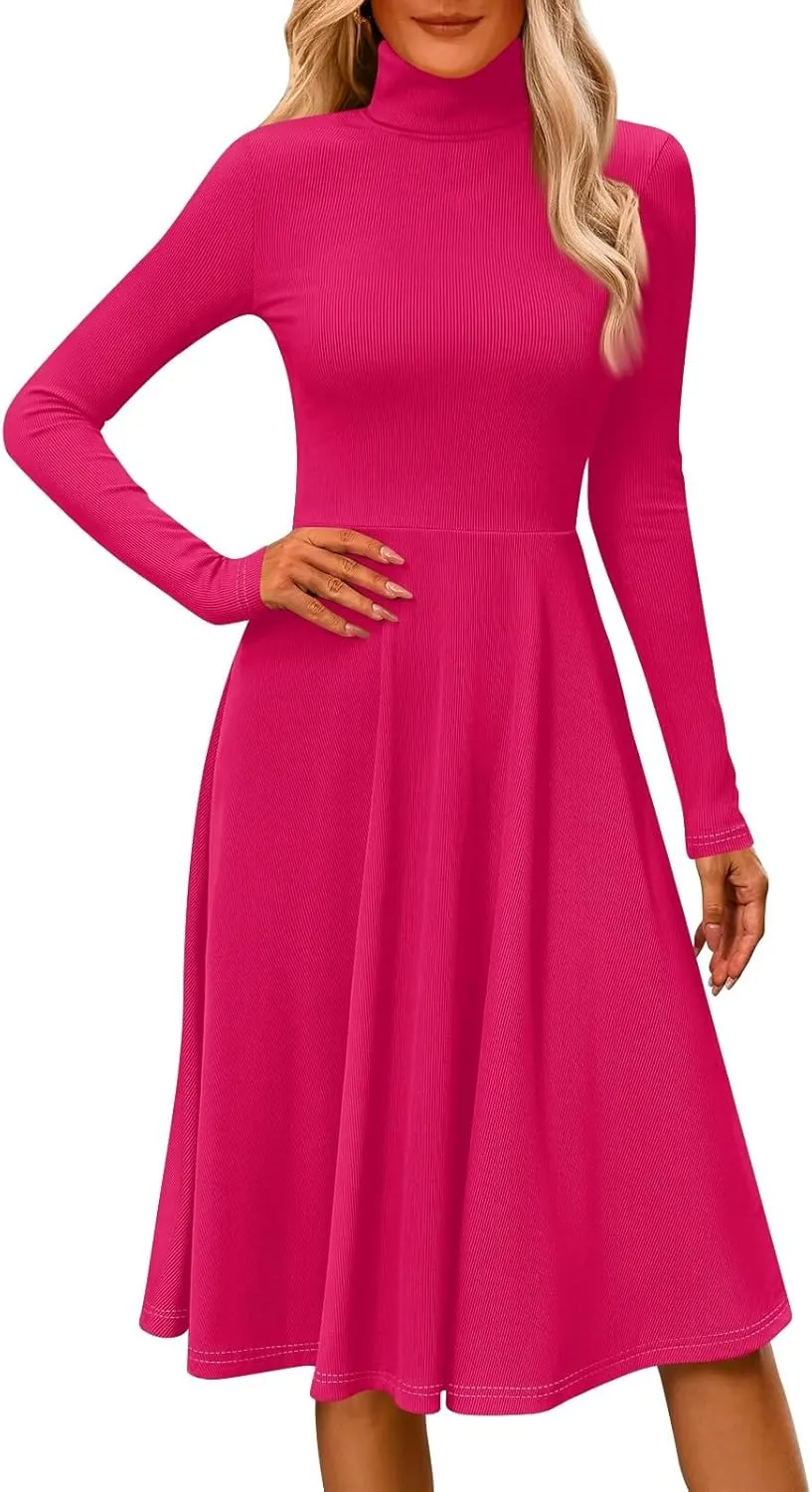 Womens Long Sleeve Turtleneck Sweater Dress Elegant Formal Flowy A Line Midi Dress Trendy Plus Size Cute Knit Dress