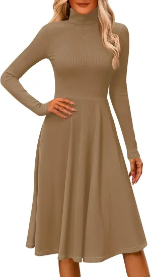 Womens Long Sleeve Turtleneck Sweater Dress Elegant Formal Flowy A Line Midi Dress Trendy Plus Size Cute Knit Dress