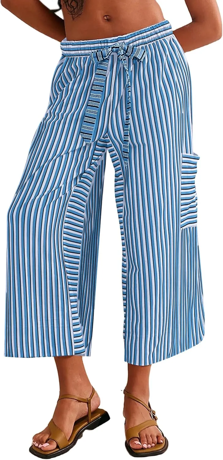 Women's Low Rise Striped Wide Leg Pants Loose Fit Drawstring Waist Striped Lounge Palazzo Pants with Pockets
