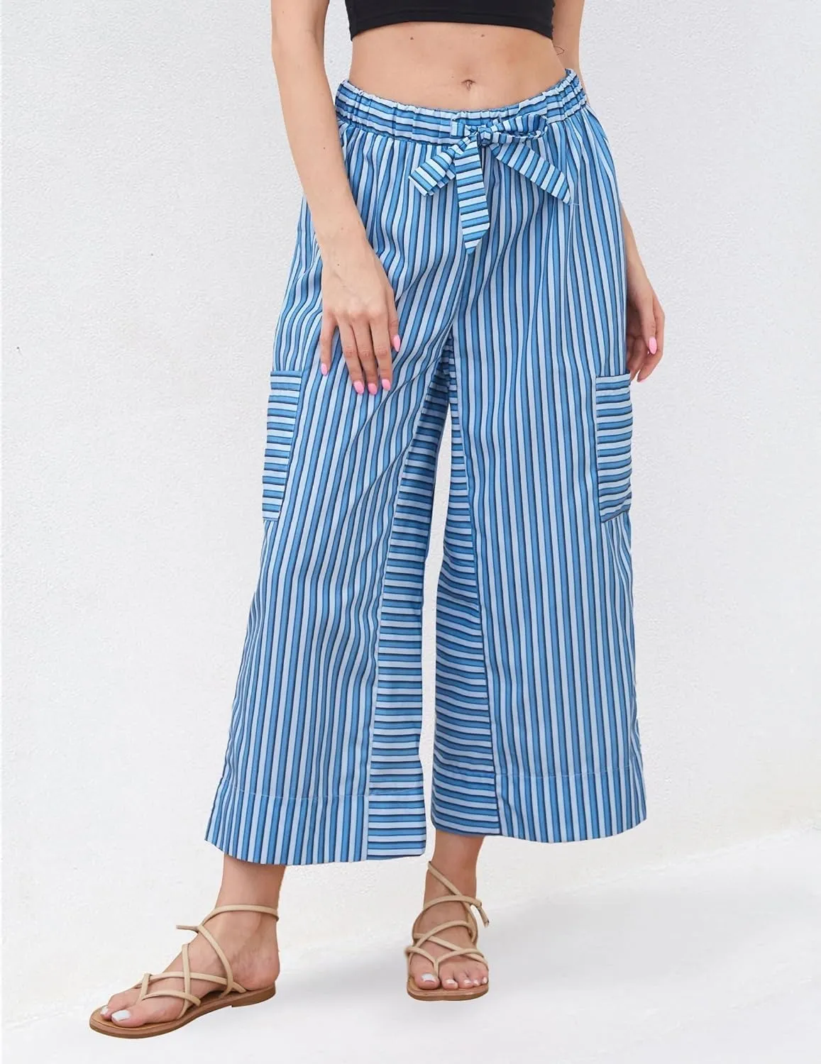 Women's Low Rise Striped Wide Leg Pants Loose Fit Drawstring Waist Striped Lounge Palazzo Pants with Pockets