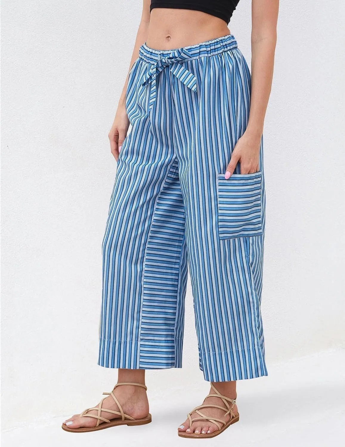 Women's Low Rise Striped Wide Leg Pants Loose Fit Drawstring Waist Striped Lounge Palazzo Pants with Pockets
