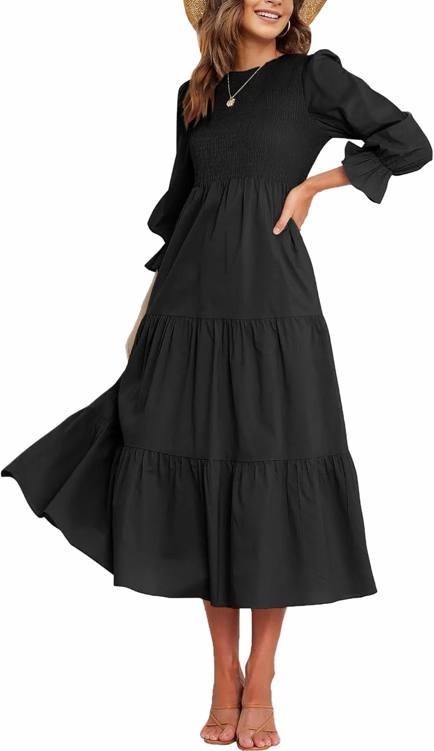 Women's Nursing Dress Flounces Long Sleeve Crew Neck Smocked Bodice Ruched Elastic Waist Tiered Midi with Pockets