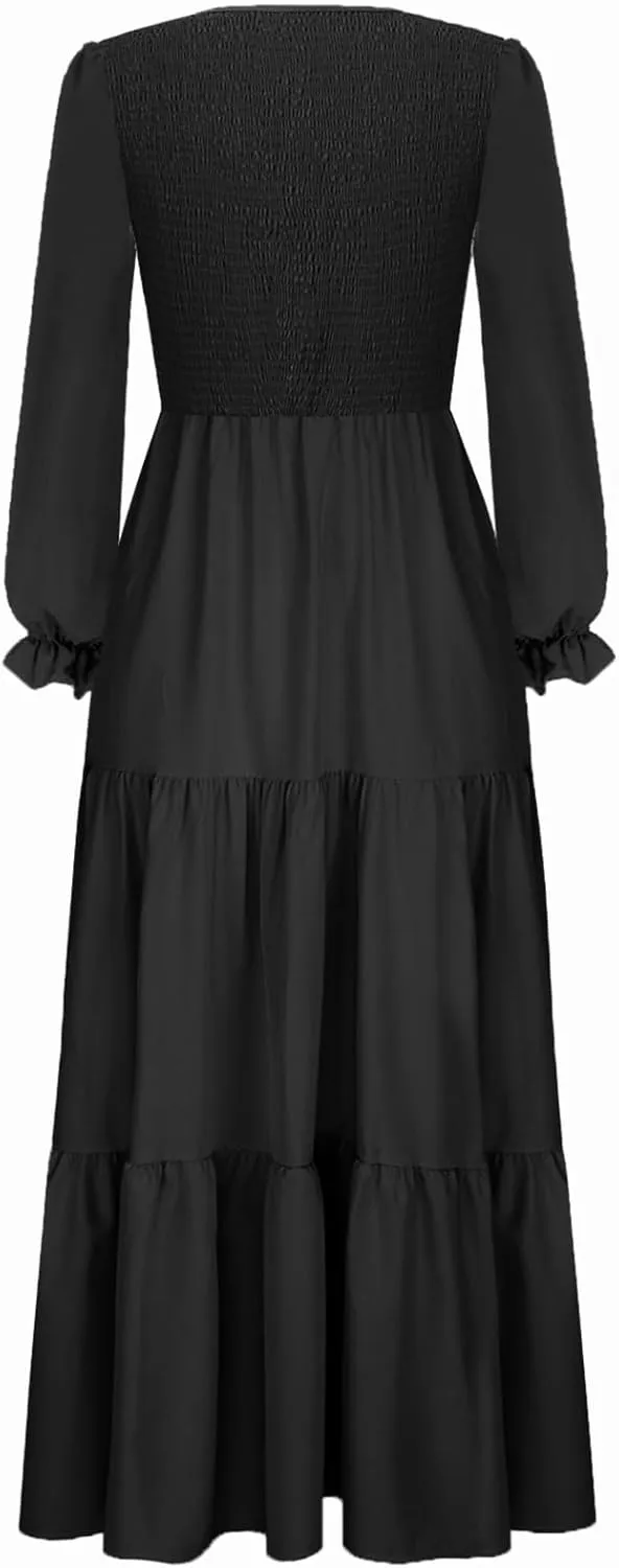 Women's Nursing Dress Flounces Long Sleeve Crew Neck Smocked Bodice Ruched Elastic Waist Tiered Midi with Pockets