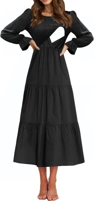 Women's Nursing Dress Flounces Long Sleeve Crew Neck Smocked Bodice Ruched Elastic Waist Tiered Midi with Pockets