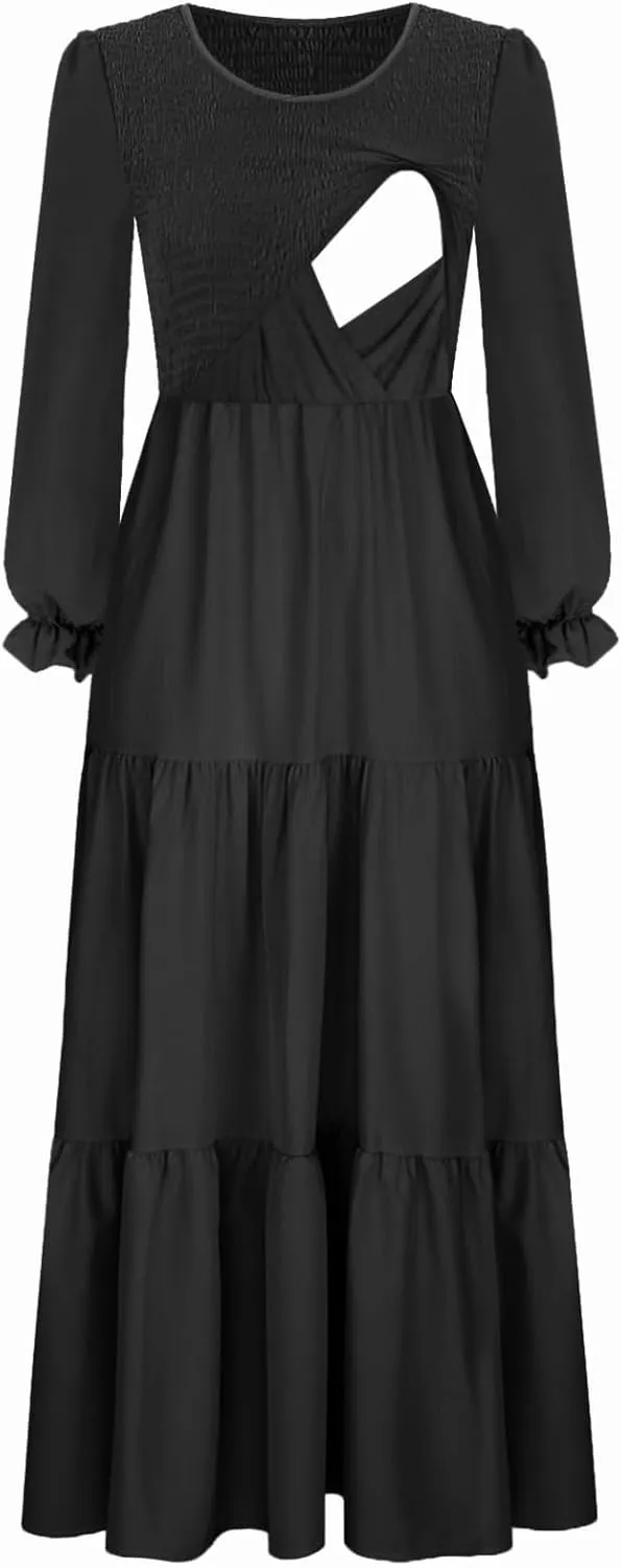Women's Nursing Dress Flounces Long Sleeve Crew Neck Smocked Bodice Ruched Elastic Waist Tiered Midi with Pockets