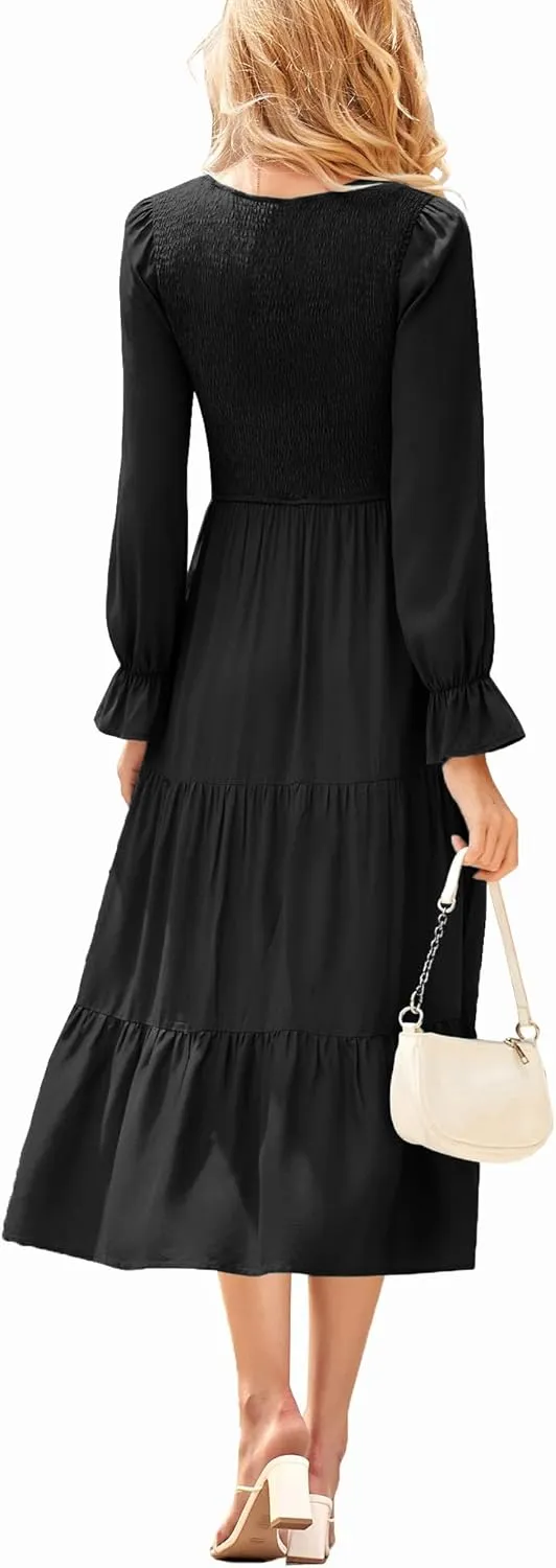 Women's Nursing Dress Flounces Long Sleeve Crew Neck Smocked Bodice Ruched Elastic Waist Tiered Midi with Pockets