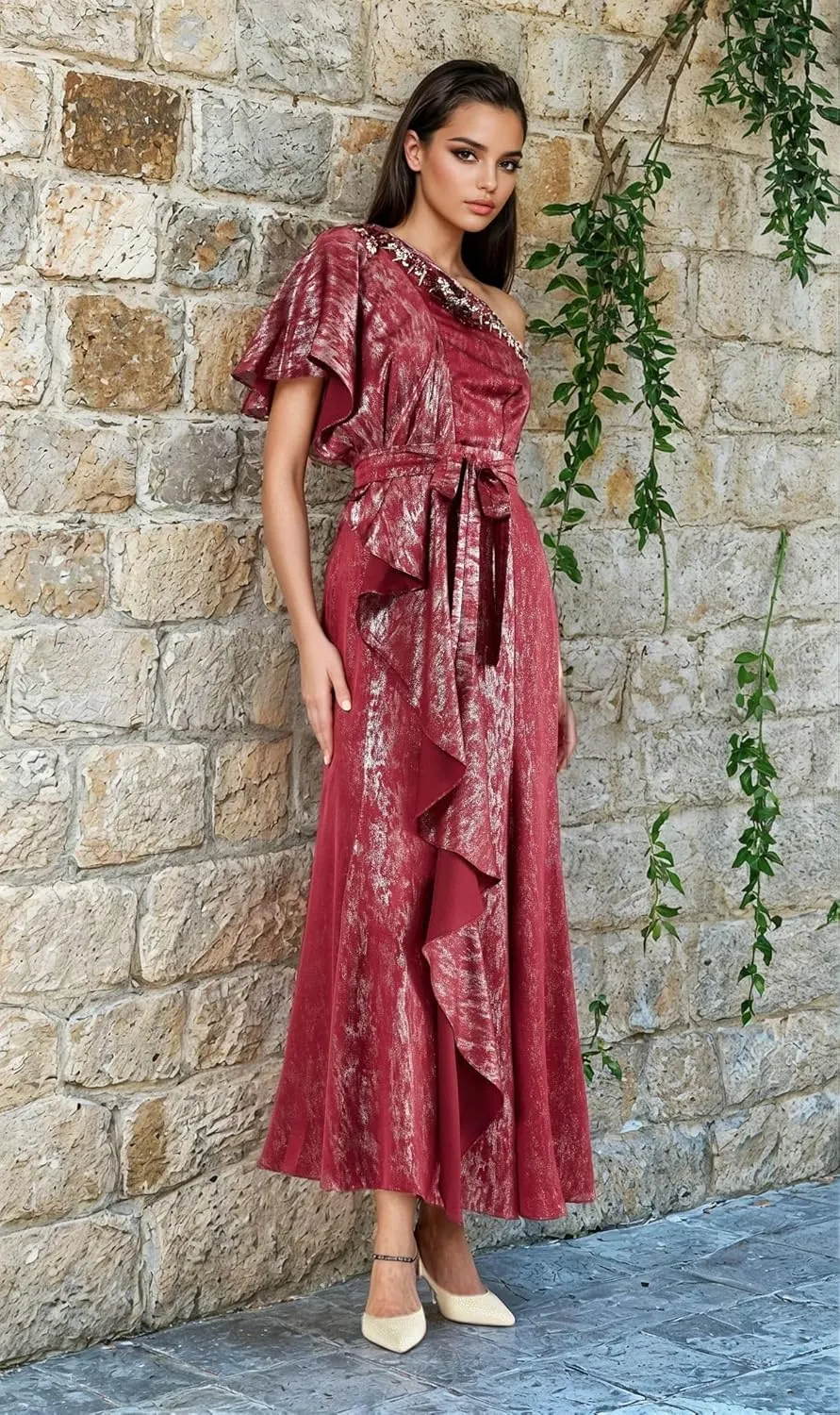 Women's One-Shoulder Embroidered Taffeta Maxi Dress  Beaded Gown with Overlay & Belt