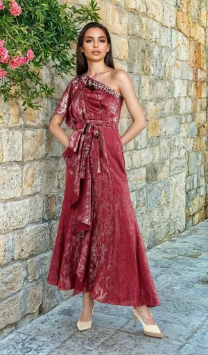 Women's One-Shoulder Embroidered Taffeta Maxi Dress  Beaded Gown with Overlay & Belt
