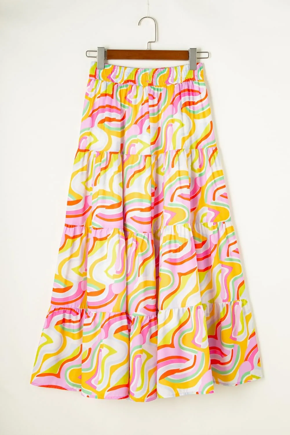 Women's Pink Abstract Print Tiered Maxi Skirt with High Waist