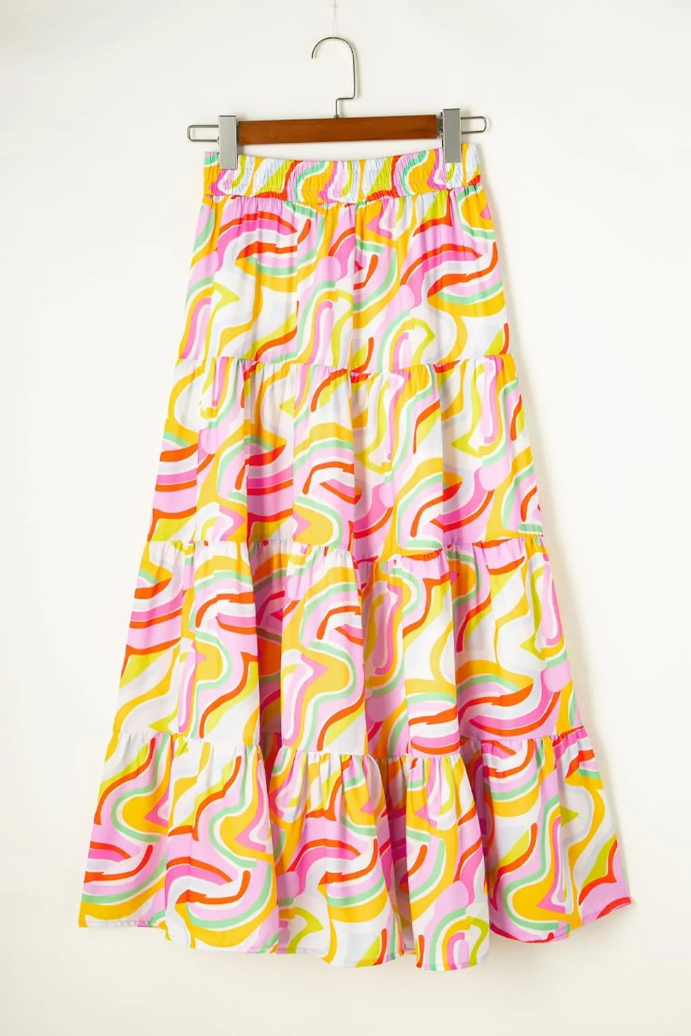 Women's Pink Abstract Print Tiered Maxi Skirt with High Waist